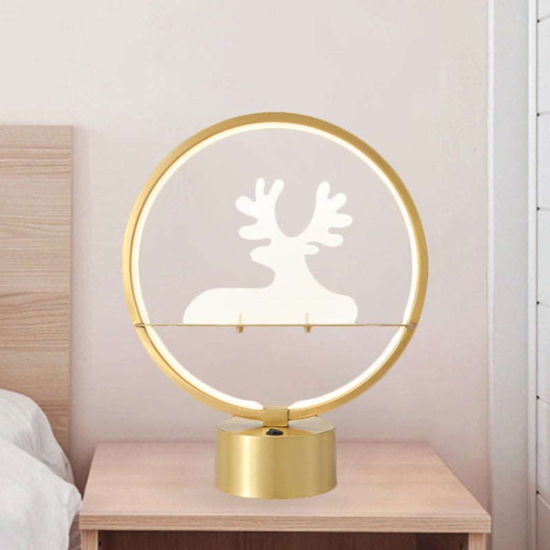 Contemporary Gold Led Table Lamp With Elk Detail - Metallic Nightstand Light