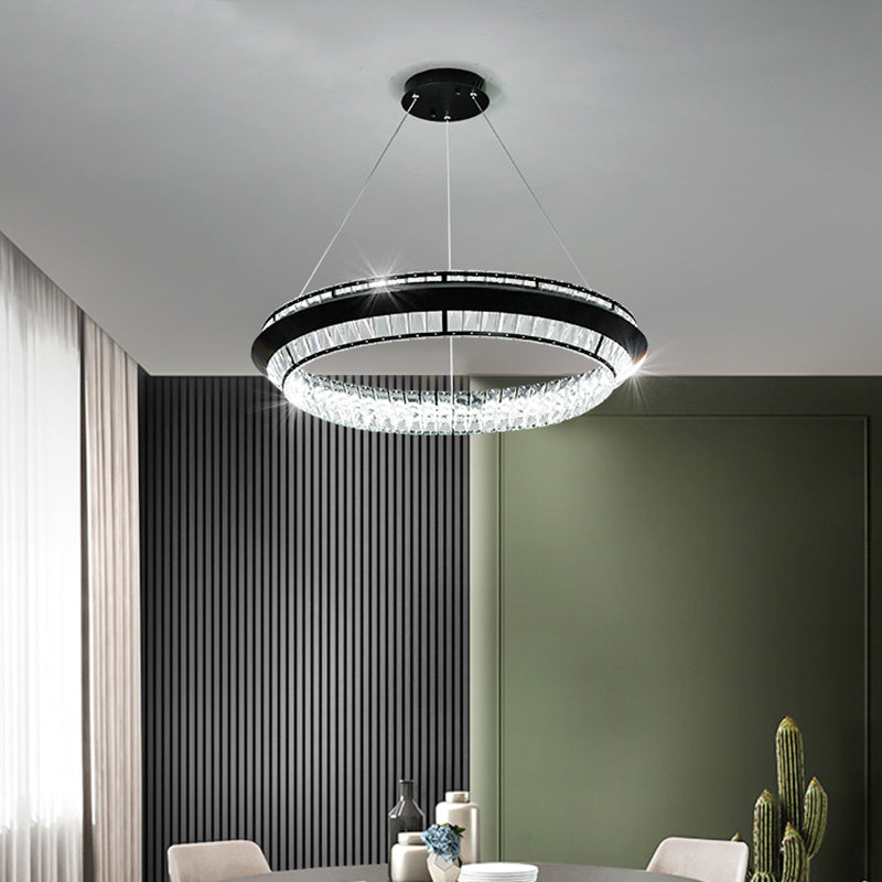 Rectangle-Cut Crystal LED Ring Chandelier in Contemporary Black