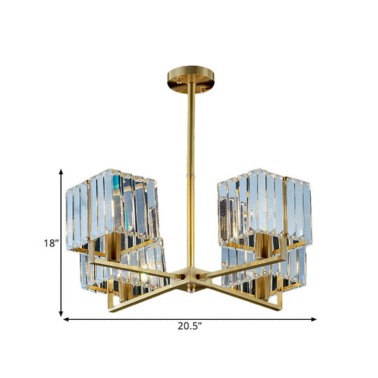 Contemporary Gold Cuboid Crystal Chandelier - 4/6 Head Pendant Light Fixture For Bedroom