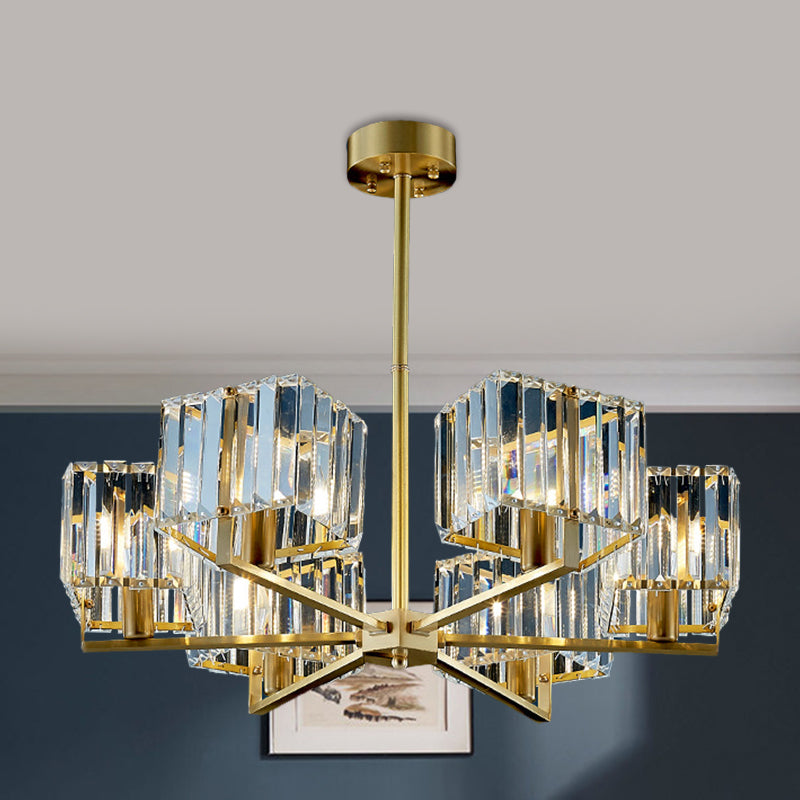 Contemporary Gold Cuboid Crystal Chandelier Light with 4 or 6 Pendant Heads for Bedroom Fixture