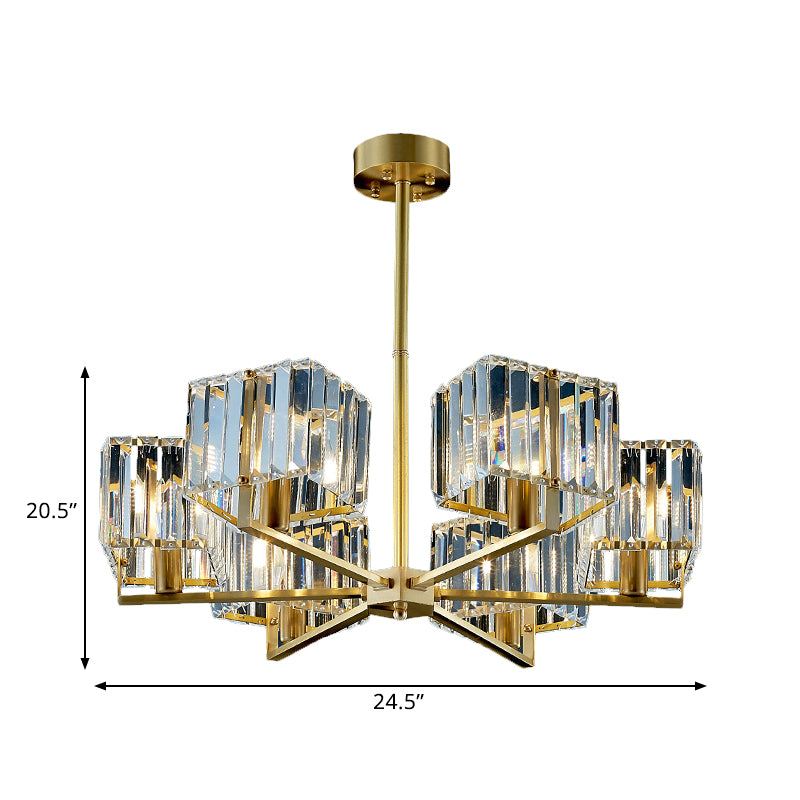 Contemporary Gold Cuboid Crystal Chandelier Light with 4 or 6 Pendant Heads for Bedroom Fixture