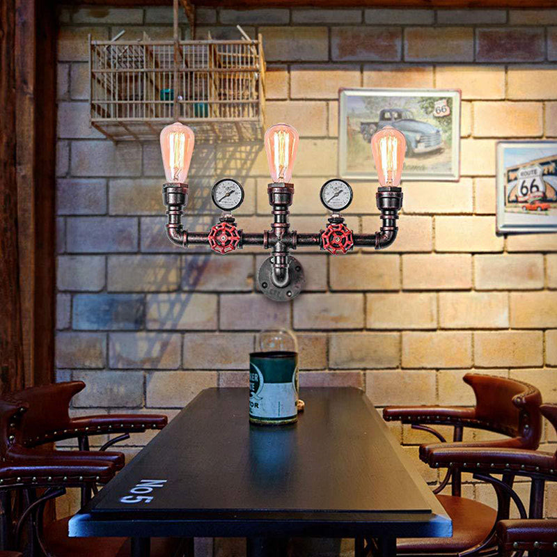 Copper Water Pipe Wall Lighting With Pressure Gauge & Rustic Iron Finish 2/3 Heads - Restaurant