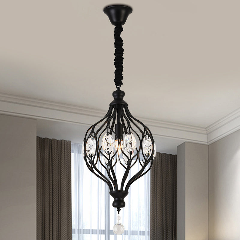 Crystal Pendant Lantern Light For Traditional Bedrooms - 1 Bulb Black/Gold Black