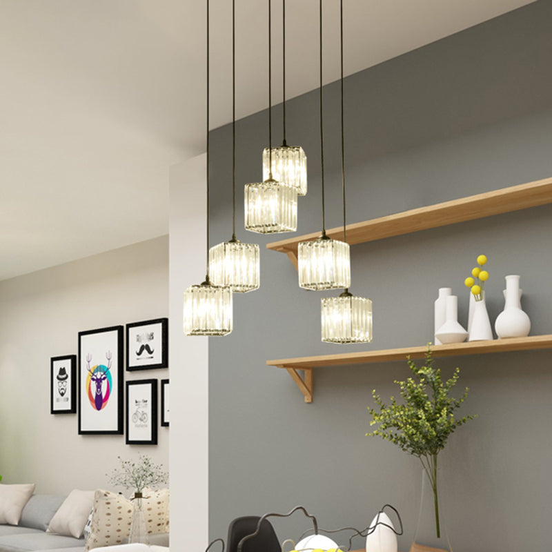 Clear Crystal Multi-Light Pendant With 6 Cubic Heads For Traditional Hanging Ceiling Lighting