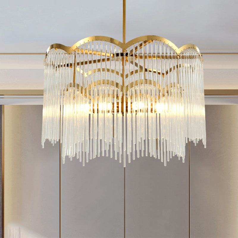 Modern Gold Crystal Wavy Chandelier with Tubular Hanging Metal Frame - 8 Heads