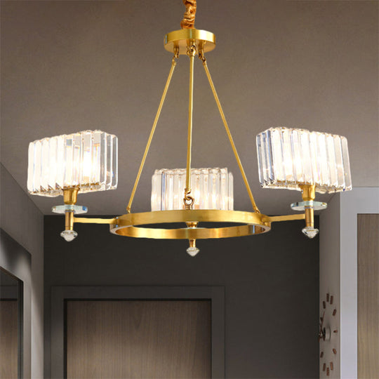 Gold Tone Cuboid Crystal Pendant Chandelier With 3/6 Bulbs For Contemporary Suspension Lighting 3 /