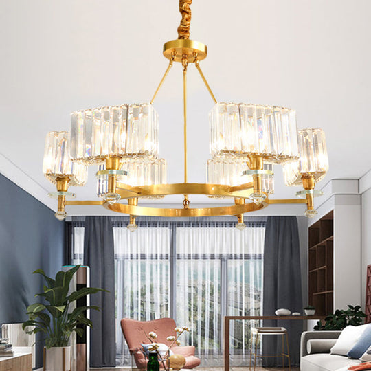 Gold Tone Cuboid Crystal Pendant Chandelier With 3/6 Bulbs For Contemporary Suspension Lighting 6 /