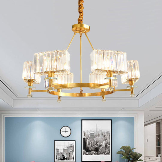Gold Tone Cuboid Crystal Pendant Chandelier With 3/6 Bulbs For Contemporary Suspension Lighting