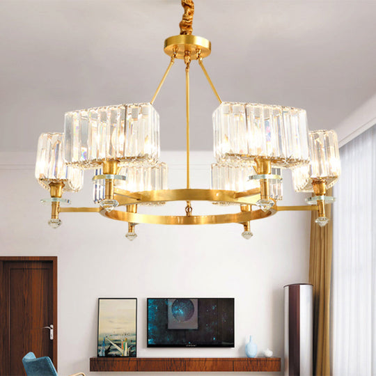 Gold Tone Cuboid Crystal Pendant Chandelier With 3/6 Bulbs For Contemporary Suspension Lighting