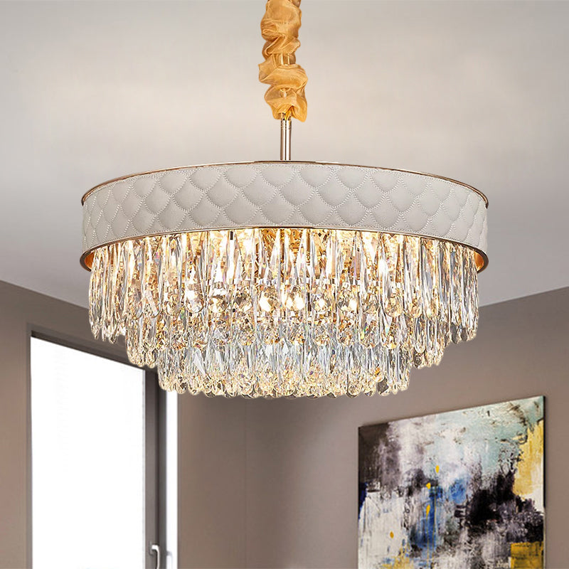 Contemporary Crystal Raindrops Chandelier - White, 9/15 Heads, Drum Ceiling Pendant (19.5"/23.5" Wide)
