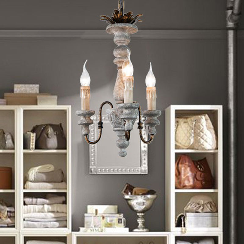 Rustic Wood Candle Chandelier With Grey Finish - 3-Bulb Hanging Ceiling Light