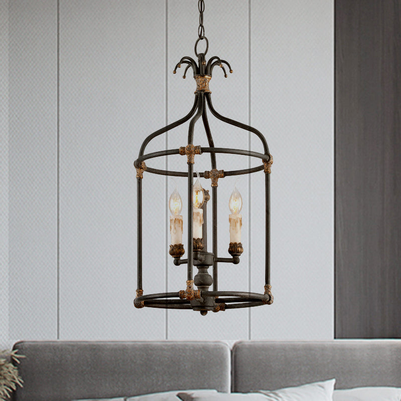 Rustic Birdcage Chandelier: Living Room Lighting Pendant Lamp | Metallic Black & Gold 3-Bulb
