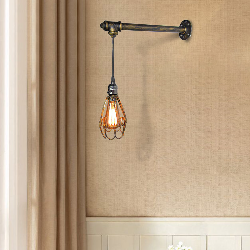 Industrial Wire Frame Wall Lamp With Pipe 1 Light In Aged Brass - Wrought Iron Fixture Antique