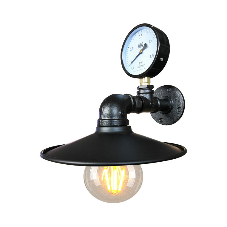 Vintage Industrial Flared Wall Sconce Lamp With Gauge Deco - Black/Copper Metallic