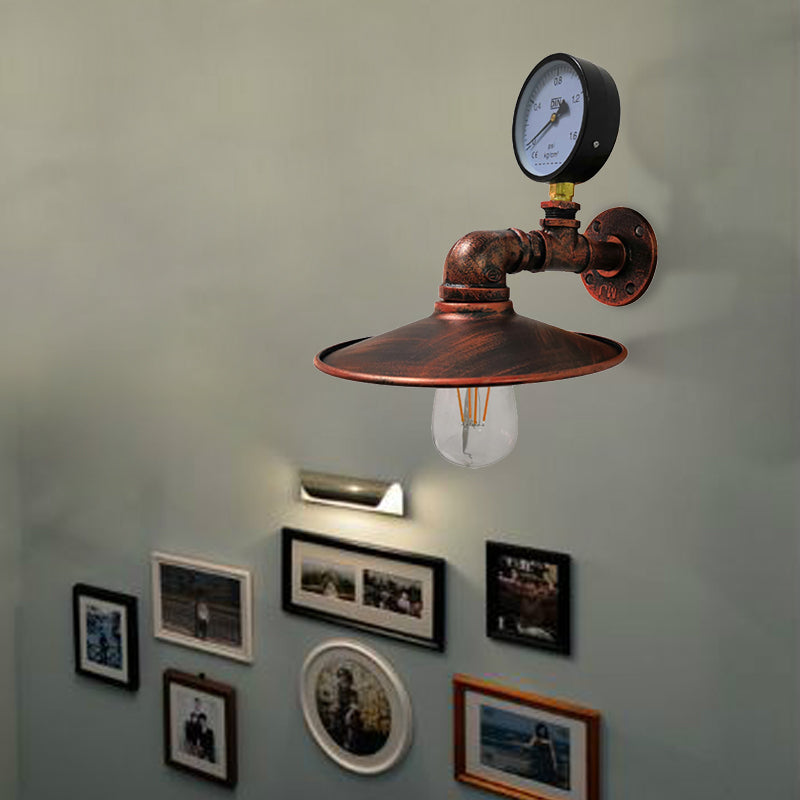 Vintage Industrial Flared Wall Sconce Lamp With Gauge Deco - Black/Copper Metallic Weathered Copper