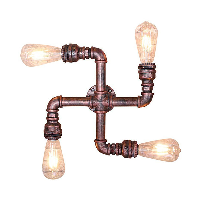 Industrial Wrought Iron Sconce Lamp With Exposed Bulb - Antique Copper Finish 4 Lights Perfect For
