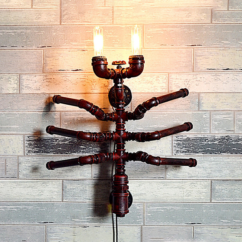 Antique Style Spider Wall Sconce With 2 Bulbs And Rustic Plumbing Pipe Design Rust