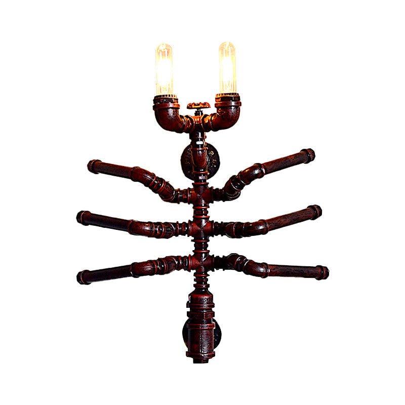 Antique Style Spider Wall Sconce With 2 Bulbs And Rustic Plumbing Pipe Design