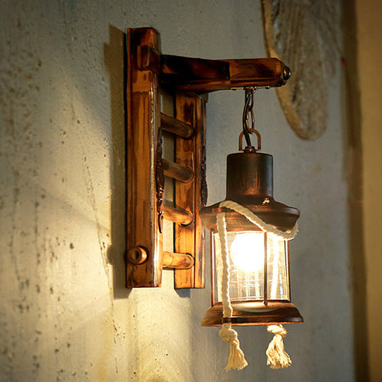 Vintage Clear Glass Wall Sconce With Antique Copper Cylinder Cage And Wooden Backplate - 1 Light