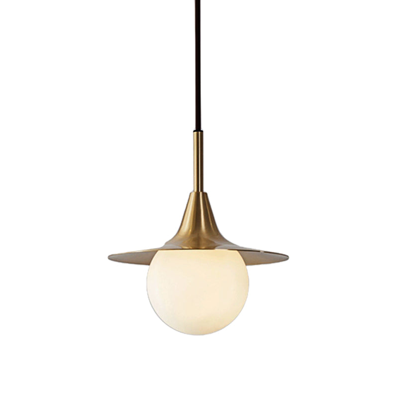 Mid Century Brass Ceiling Pendant Light with Milk Glass Ball Shade - Stylish Hanging Lamp for Dining Table