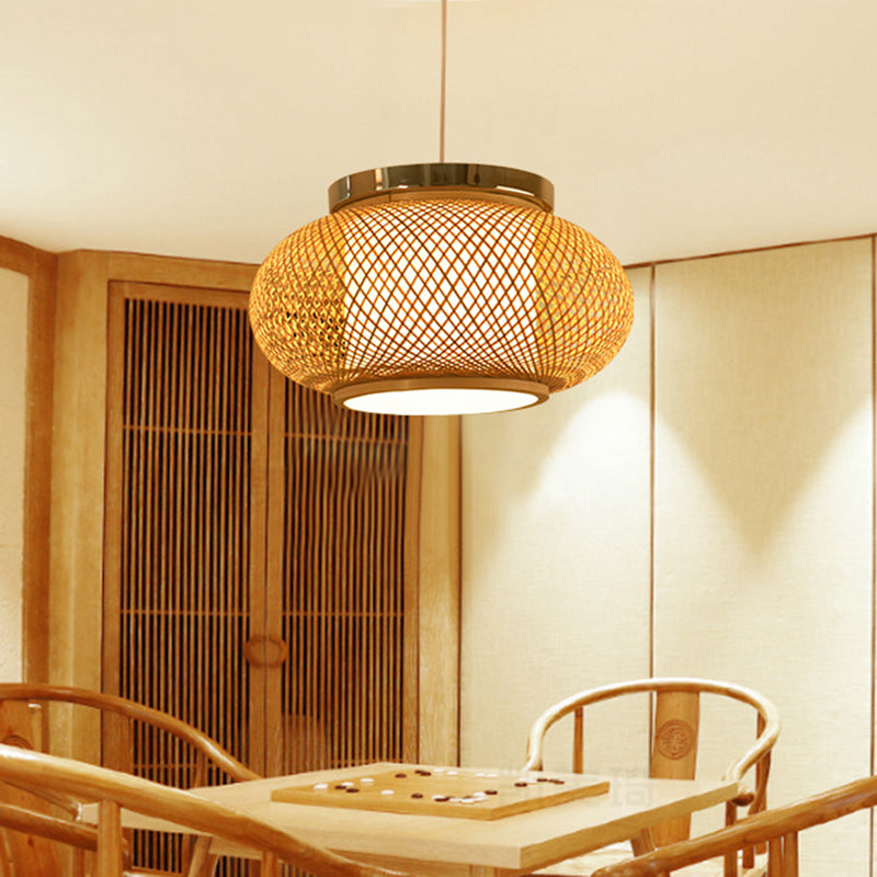 Asian Style Bamboo Shade Pendant Light Fixture Beige 16/19.5 W