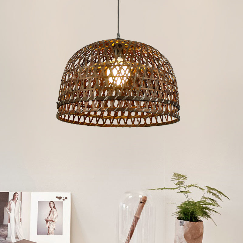 Modern Style Bamboo Pendant Lamp With Brown Wood Dome Shade - 13/21 Dia Ideal For Restaurants