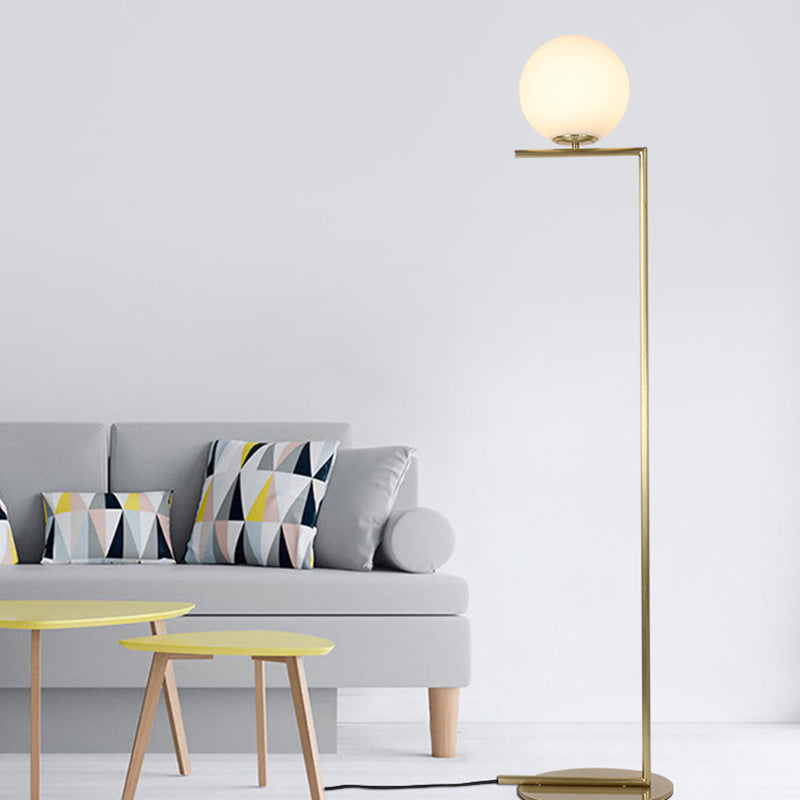 Minimalist Gold Orb Floor Lamp With Frosted Glass Shade And Right Angle Stand