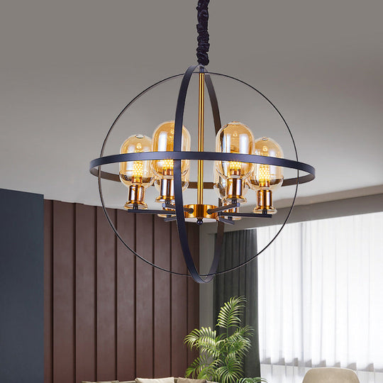 Contemporary 4/6-Light Amber Glass Pendant Chandelier: Black-Gold Suspension Lamp With Orb Frame