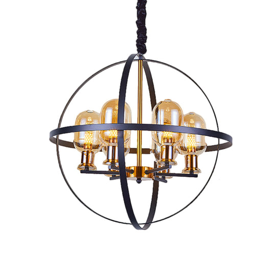 Contemporary Amber Glass Pendant Chandelier with Orb Frame Design - 4/6-Light Suspension Lamp in Black-Gold