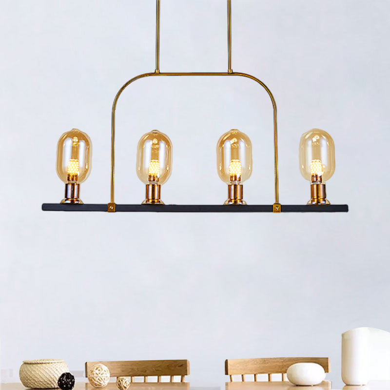 Amber Glass 4-Light Island Lighting - Modern Bulb-Like Design Black-Gold Hanging Ceiling Lamp