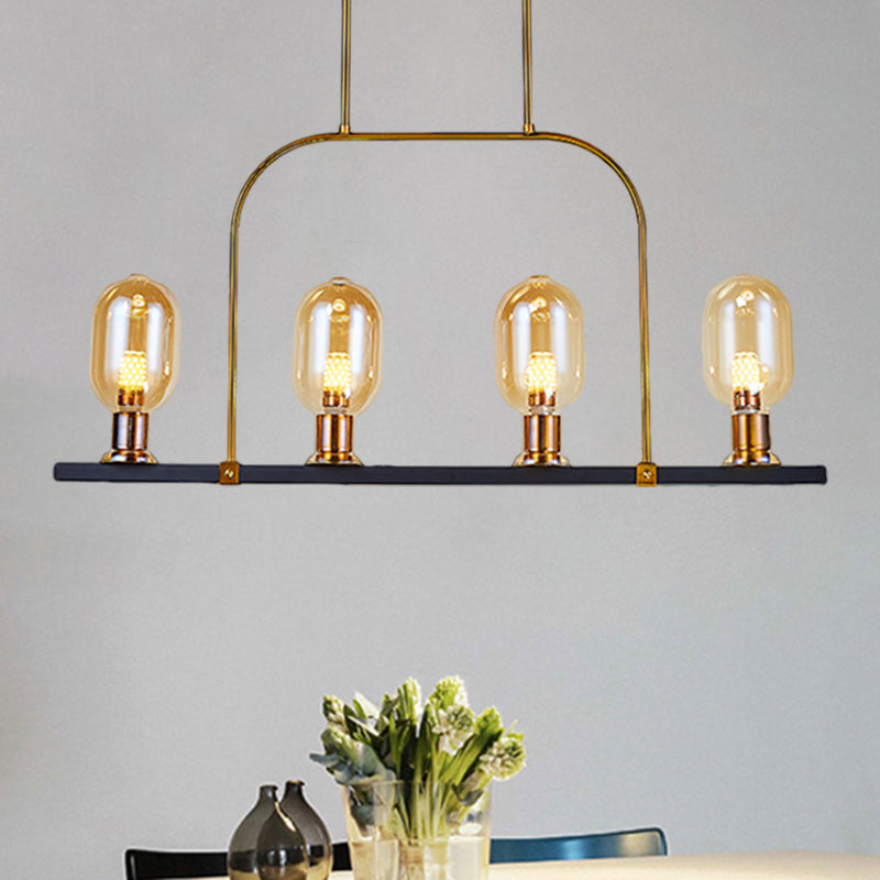 Modern Amber Glass 4-Light Hanging Ceiling Lamp with Metallic Frame - Bulb-Like Island Lighting