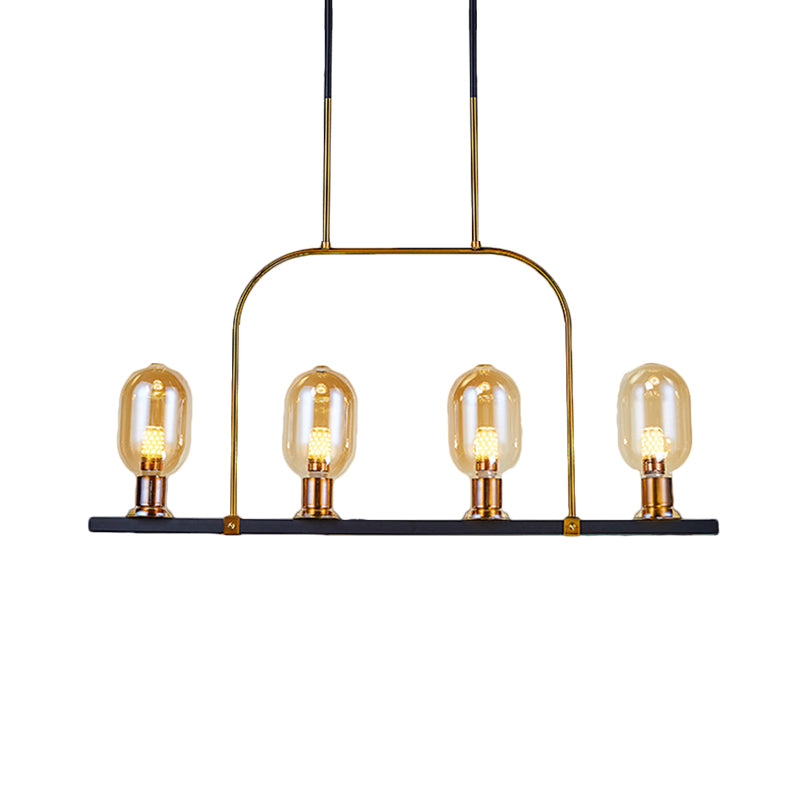 Modern Amber Glass 4-Light Hanging Ceiling Lamp with Metallic Frame - Bulb-Like Island Lighting