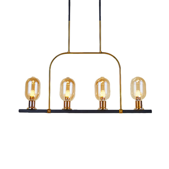 Amber Glass 4-Light Island Lighting - Modern Bulb-Like Design Black-Gold Hanging Ceiling Lamp