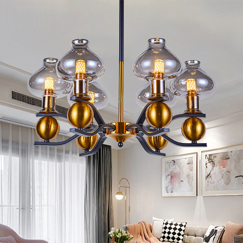 Smoke Gray Glass Hanging Chandelier: Simplicity Jar Shape, 6/8-Bulb Down Lighting for Living Room, Black and Gold Curved Arm