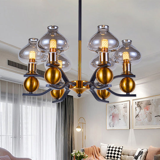 Smoke Gray Glass Hanging Chandelier: Simplicity Jar Shape, 6/8-Bulb Down Lighting for Living Room, Black and Gold Curved Arm