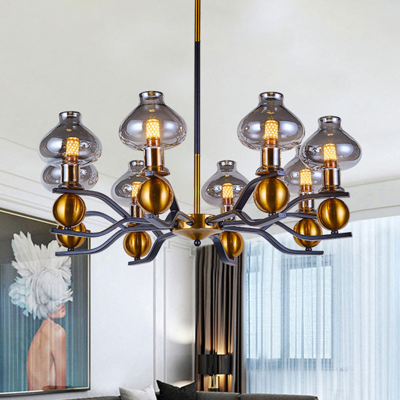Smoke Gray Glass Hanging Chandelier 6/8-Bulb With Curved Arm In Black And Gold - Simplicity Jar