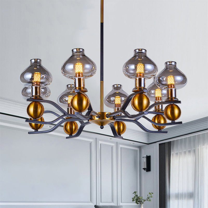 Smoke Gray Glass Hanging Chandelier 6/8-Bulb With Curved Arm In Black And Gold - Simplicity Jar