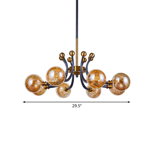 Minimalist Amber Glass Pendant Lamp - 8/9 Heads With Black-Gold Curvy Arm