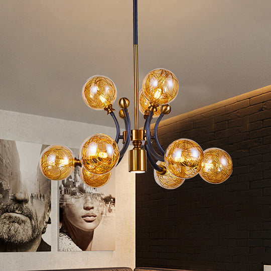Minimalist Amber Glass Pendant Lamp with Curvy Arm - 8/9 Heads Black-Gold Ceiling Chandelier