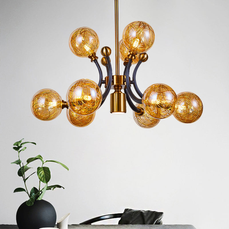 Minimalist Amber Glass Pendant Lamp with Curvy Arm - 8/9 Heads Black-Gold Ceiling Chandelier