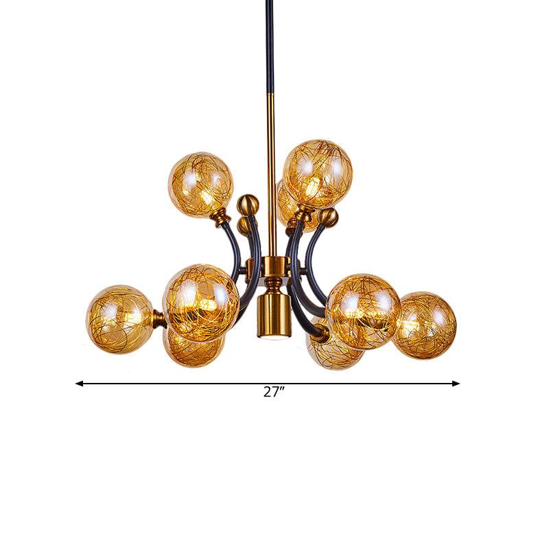 Minimalist Amber Glass Pendant Lamp - 8/9 Heads With Black-Gold Curvy Arm