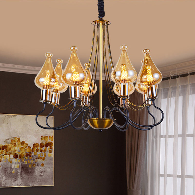 Modern Black-Gold Teardrop Chandelier with Amber Glass - 5/8 Lights, Perfect for Dining Room