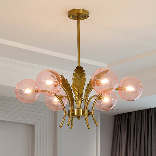 Simplicity White/Pink/Cognac Glass LED Ceiling Light: 6-Bulb Sphere Chandelier with Leaf Decor