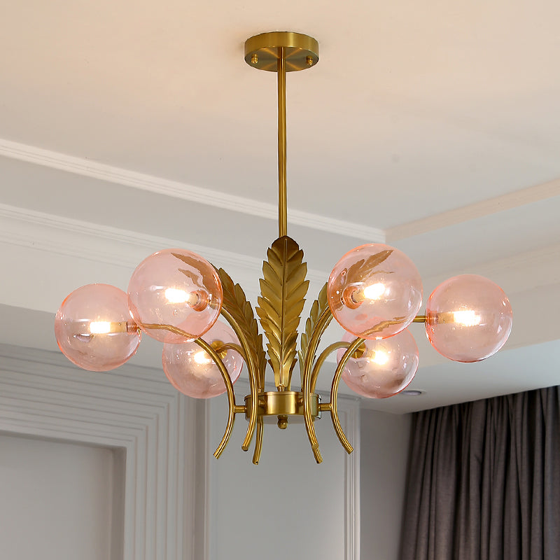 Sphere Ceiling Light Simplicity White/Pink/Cognac Glass 6-Bulb Drawing Room LED Hanging Chandelier with Leaf Decor
