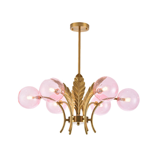 Simplicity White/Pink/Cognac Glass LED Ceiling Light: 6-Bulb Sphere Chandelier with Leaf Decor