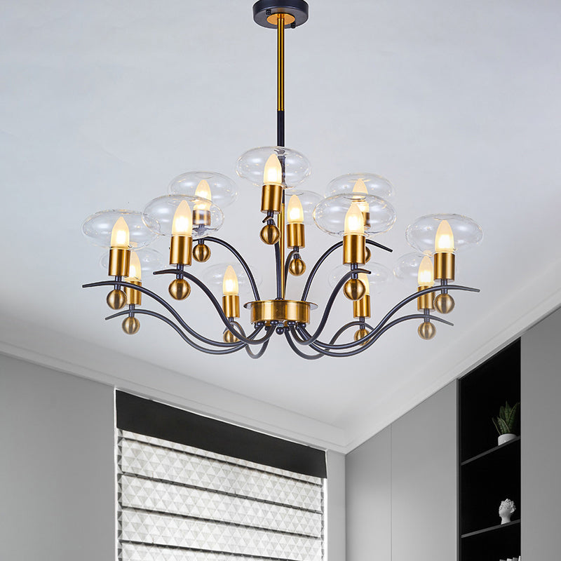 Minimalist Clear Glass Ellipsoid Pendant Chandelier: Black-Gold 6/8/12 Bulb Options 1/2-Layer