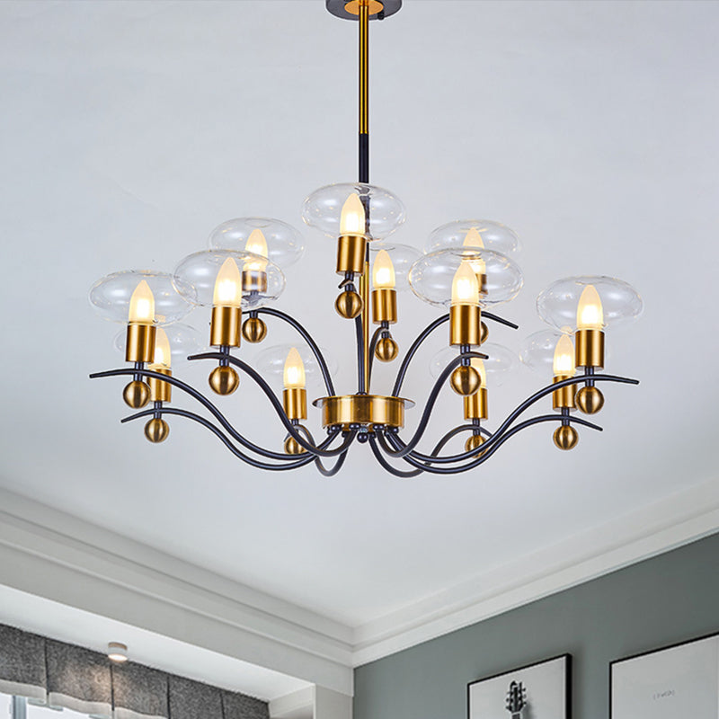 Minimalist Clear Glass Ellipsoid Pendant Chandelier: Black-Gold 6/8/12 Bulb Options 1/2-Layer