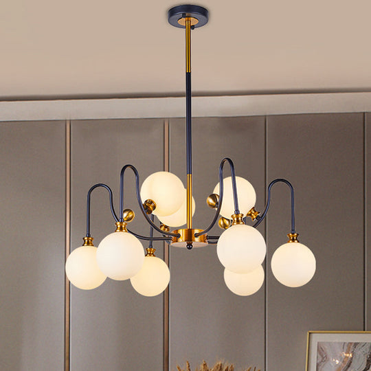 Sleek Opal Glass Pendant Chandelier - Modernist Spherical Down Lighting Black-Gold Finish 6/9 Bulb