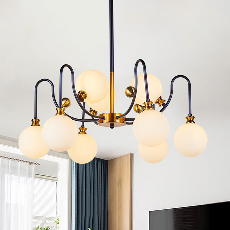 Sleek Opal Glass Pendant Chandelier - Modernist Spherical Down Lighting Black-Gold Finish 6/9 Bulb