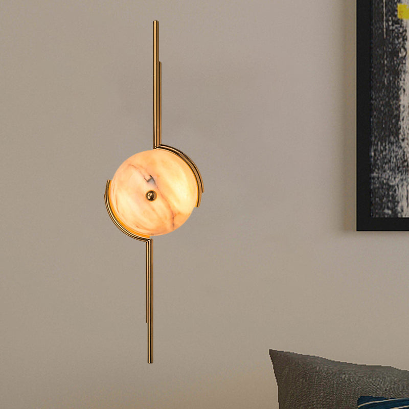 Modern Gold Round Led Wall Light With Marble Accents - Ideal For Bedroom